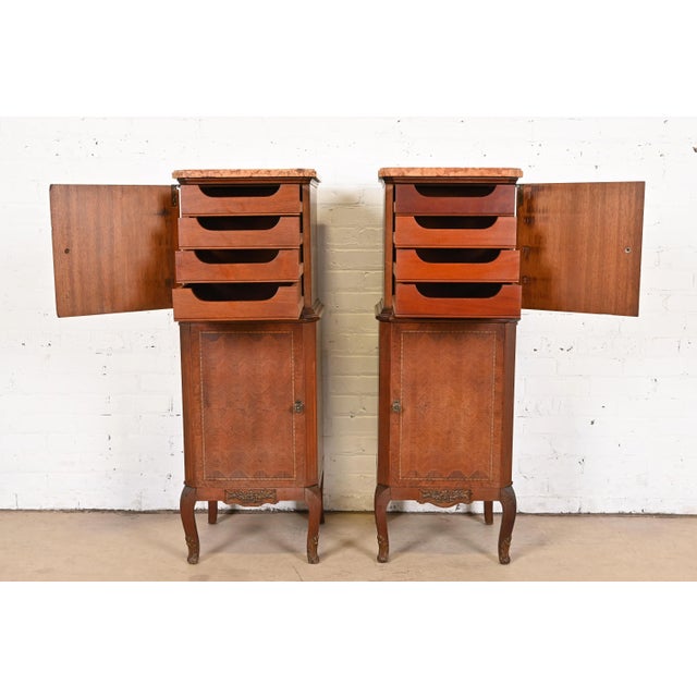 French Louis XV Kingwood Inlaid Marquetry Marble Top Lingerie Chests, Pair For Sale In South Bend - Image 6 of 12