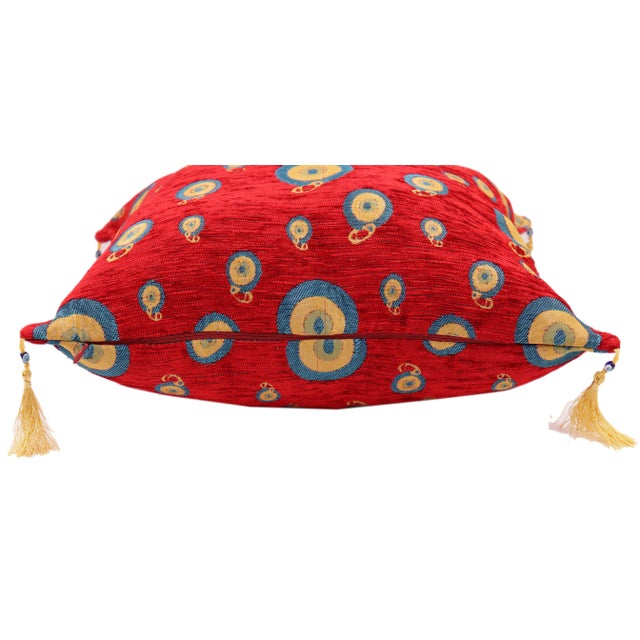 1990s Starry Night Glory Red Chenille Decorative Turkish Pillow For Sale - Image 4 of 6