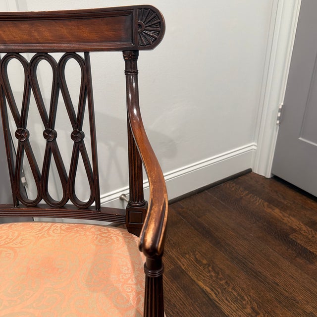 Late 20th Century Neoclassical Mahogany Finish Open Arm Accent Chair With Damask Upholstery For Sale - Image 4 of 9