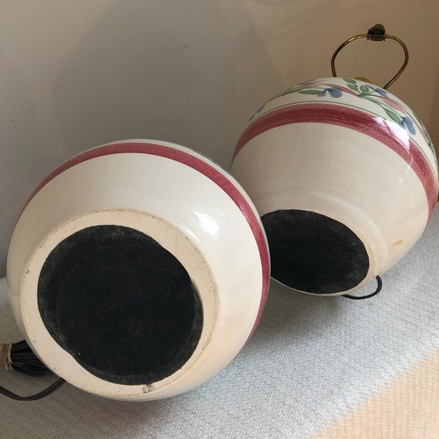 Ivory Vintage Hand-Glazed Floral Pottery Lamps — a Pair For Sale - Image 8 of 12