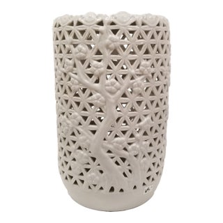 Vintage Blanc De Chine Reticulated Chinoiserie Vase With Cherry Blossom Motif For Sale