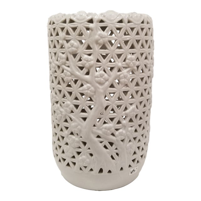 Vintage Blanc De Chine Reticulated Chinoiserie Vase With Cherry Blossom Motif For Sale