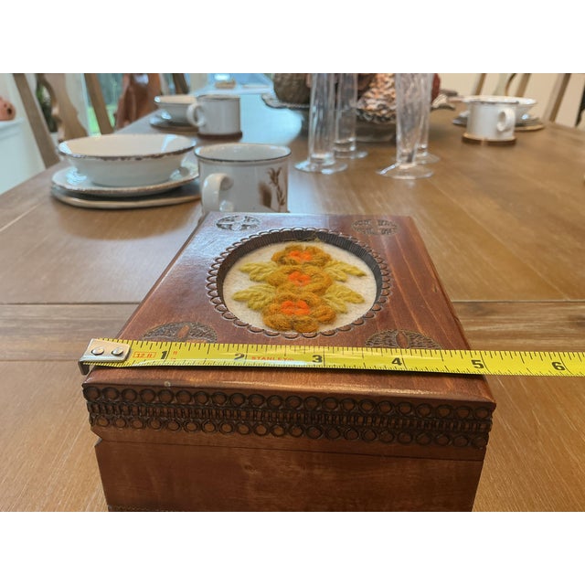 Orange Mid 20th Century Hand-Carved Polish Wood Jewelry Box With Wool Needlepoint Inse For Sale - Image 8 of 8