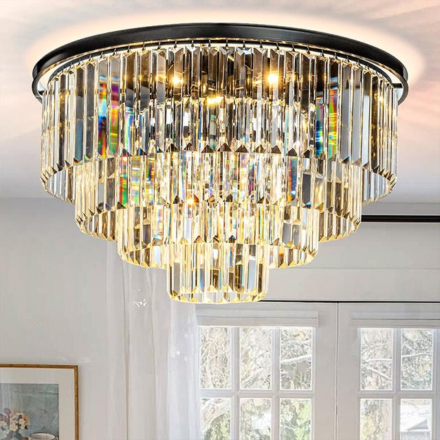 2020s Aloadecor 8-Lights Modern Matte Black 4-Tier Round Fringe Crystal Flush Mount Ceiling Light For Sale - Image 5 of 6