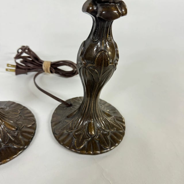 1980s Petite Art Nouveau Style Bronze Finish Table Lamps- A Pair For Sale - Image 5 of 12