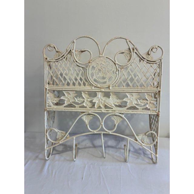 Vintage White Wrought Iron Wall Shelf With Hooks, Ornate Lattice and Floral Detail For Sale - Image 14 of 14