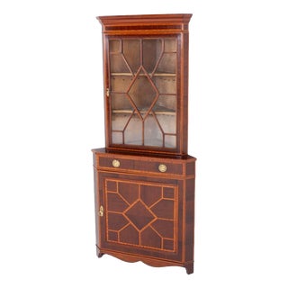 Sheraton Revival Corner Cabinet in Mahogany Marquetry, 1920s For Sale