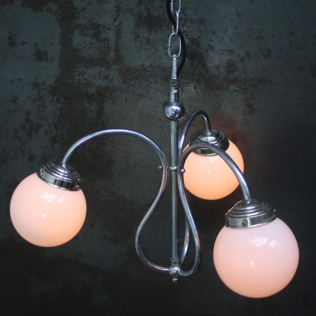 French Art Deco Nickel-Plated 3-Arm Chandelier with White Opaline Glass Globes For Sale - Image 6 of 10
