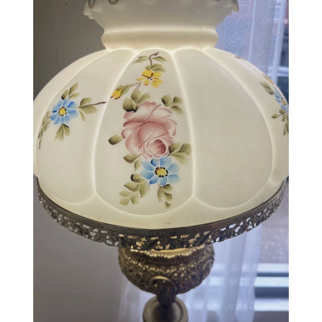 Victorian Vintage Mid Century Brass Floor Lamp Floral Hand Painted Shade For Sale - Image 3 of 11