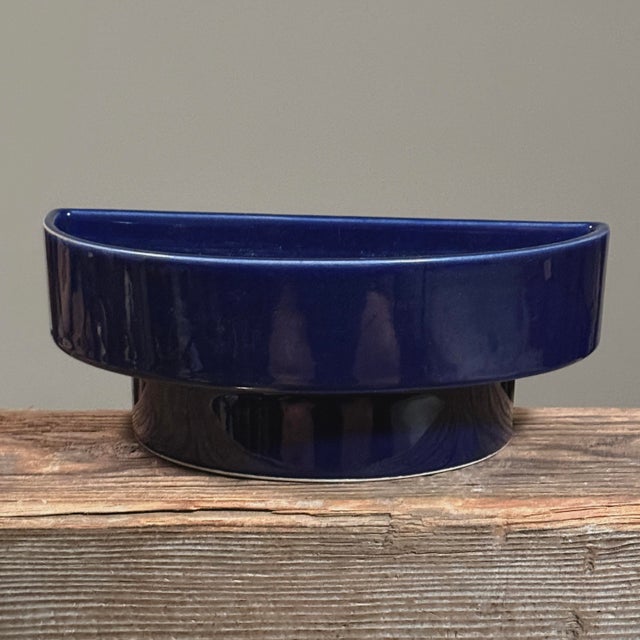 Ceramic Pair of Vintage Japanese Modernist Dark Blue Half Moon Ikebana Vases For Sale - Image 7 of 9