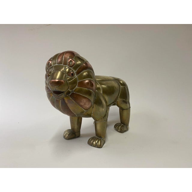 1970s Brass and Copper Lion Sculpture For Sale - Image 5 of 12