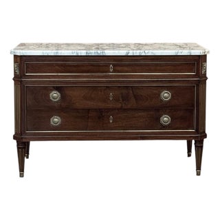 Mid-Century French Mahogany Commode With Carrara Marble Top in Louis XVI Style For Sale