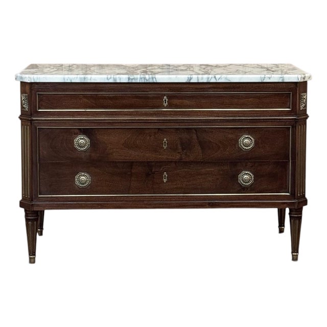 Mid-Century French Mahogany Commode With Carrara Marble Top in Louis XVI Style For Sale
