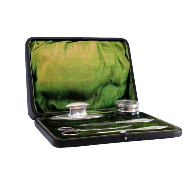 Metal Silver Manicure Set with Hard Case and Green Velvet Interior, Set of 5 For Sale - Image 7 of 7