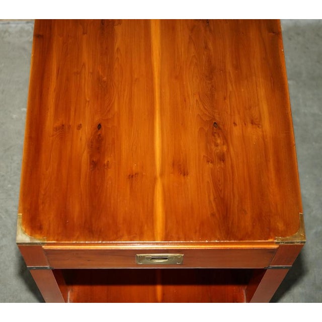 Metal Military Campaign Style Yew Wood Side Table with Drawer For Sale - Image 7 of 17