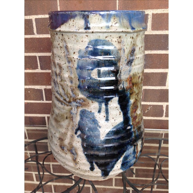 One-of-a-kind pottery vase made in the 1970s and signed by the artist. Very heavy, with an abstract design in muted...