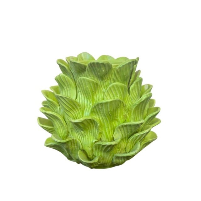 Vintage Italian Majolica Green Trompe l'Oeil Artichoke Leaf Vase For Sale - Image 4 of 12
