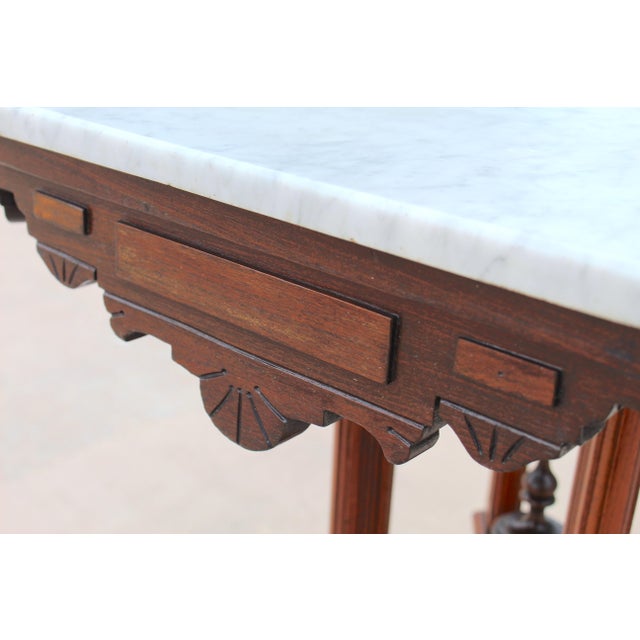 Antique American Victorian Eastlake Marble Top Parlor Table | Carved Walnut Side Table on Casters | C. 1880–1900 For Sale - Image 12 of 15