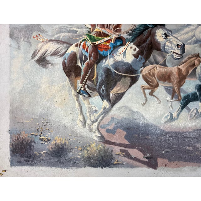 1970s Original Bill Larsen Native American Indian Chief Horse Hunt Oil Painting Canvas For Sale - Image 12 of 13