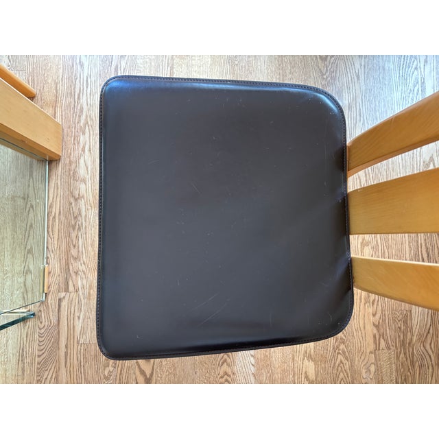 1980s Vintage Italian Glass Table With 4 Beech and Brown Leather Chairs For Sale - Image 4 of 12