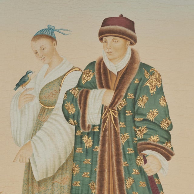 Textile Large Oriental Style Painting of Figures in a Garden For Sale - Image 7 of 12