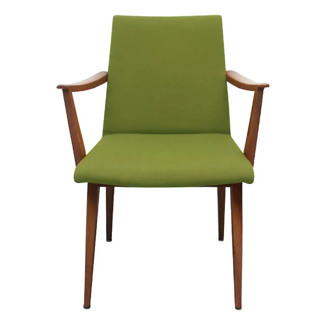 Chair with Armrests in Cherry, Green Fabric, 1955 For Sale