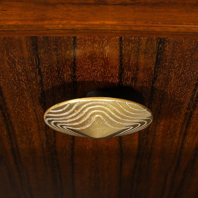 Art Deco Brass Pulls & Leather Wrapped Base Paldao Wood Cabinet by Gilbert Rohde For Sale - Image 10 of 16