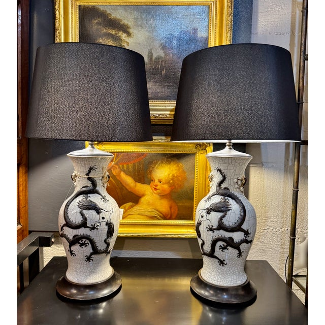 Pair Chinese Porcelain Dragon Vases Fitted as Lamps For Sale - Image 9 of 14