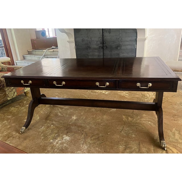 Maitland - Smith Maitland-Smith Embossed Leather Wrapped Partners Desk W/ Brass Hardware For Sale - Image 4 of 18