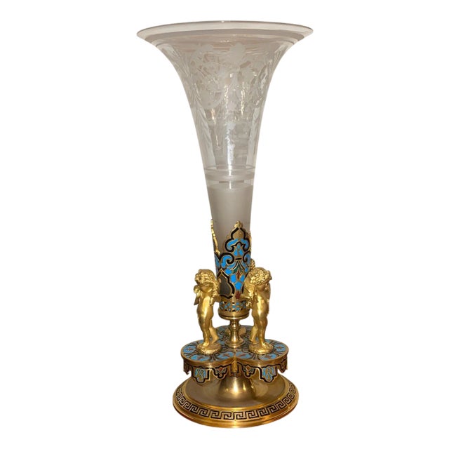Late 19th Century French Champlevé Enamel and Gilt Bronze Mounted Glass Vase For Sale