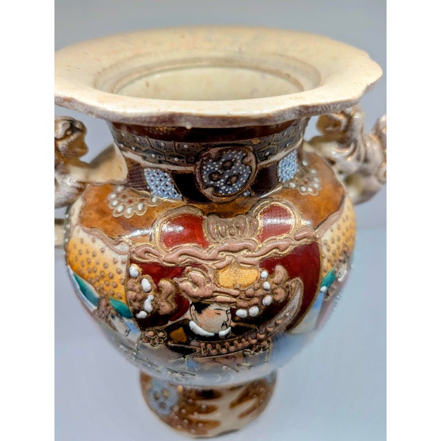 Antique Japanese Satsuma Moriage Vase With Samurai Scene & Figural Handles – 14” For Sale - Image 9 of 18