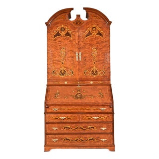 Baker Furniture Style Georgian Burl Wood Inlaid and Hand Painted Drop Front Secretary Desk With Bookcase Hutch Top For Sale
