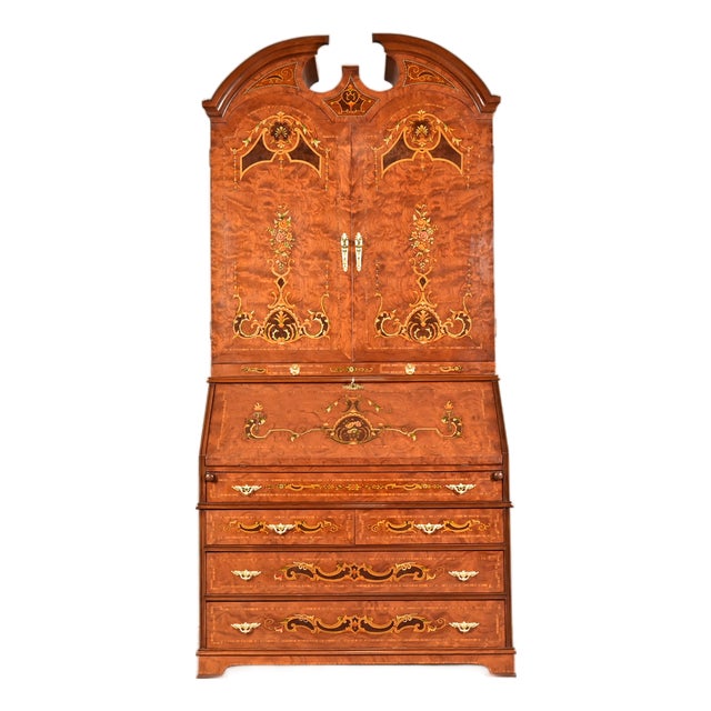 Baker Furniture Style Georgian Burl Wood Inlaid and Hand Painted Drop Front Secretary Desk With Bookcase Hutch Top For Sale