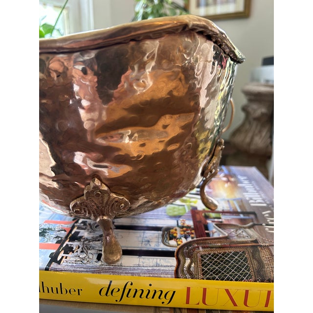 Metal Vintage Hammered Brass Cache Pot With Lions Head Rings and Four Feet For Sale - Image 7 of 7