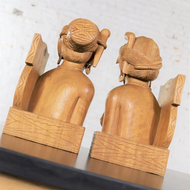 Wood Vintage Tribal Figural Bookends Male and Female Hand Carved Wood- A Pair For Sale - Image 7 of 13
