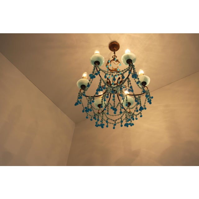 Blue Vintage French Opaline Blue Beaded Chandelier, 1920 For Sale - Image 8 of 11