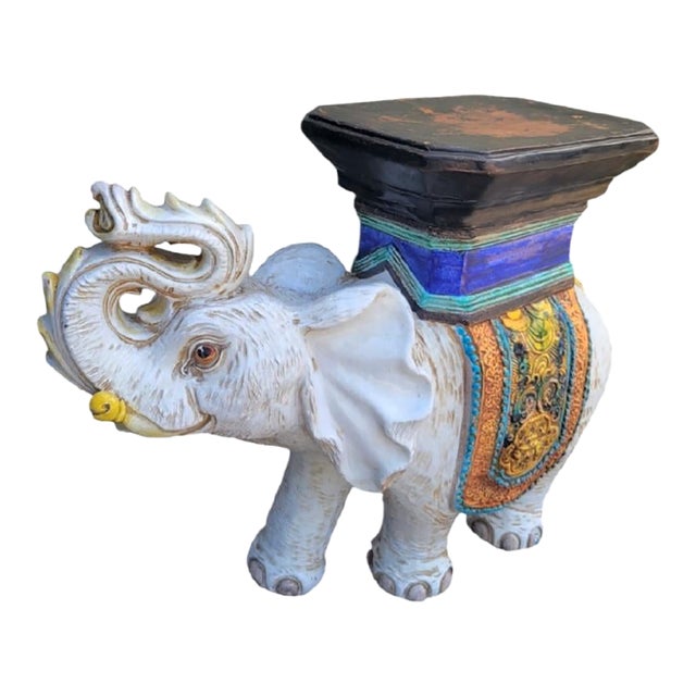 Vintage Huge Italian Terracotta Trunk Up Colorful Hollywood Regency Elephant Garden Stool For Sale
