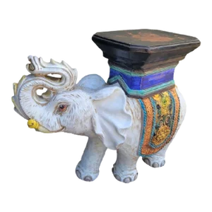 Vintage Huge Italian Terracotta Trunk Up Colorful Hollywood Regency Elephant Garden Stool