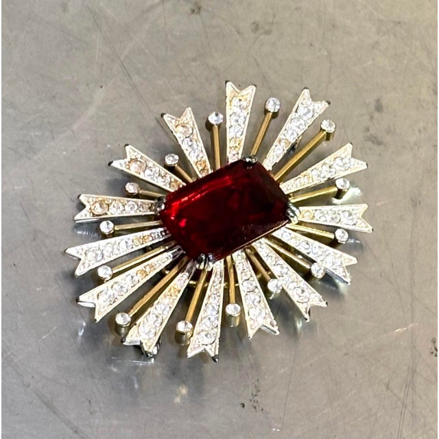 Mid-Century Modern Kenneth Jay Lane Large Red Stone/Rhinestone Starburst Brooch For Sale - Image 3 of 4