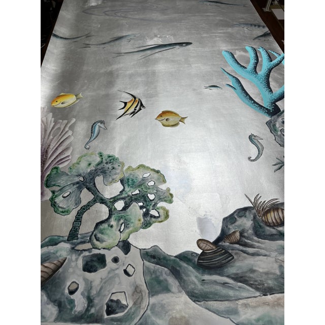 Hand Painted Coral Fish Wallpaper on Antiqued Silver Metallic Panel - Set of 4 For Sale - Image 6 of 10