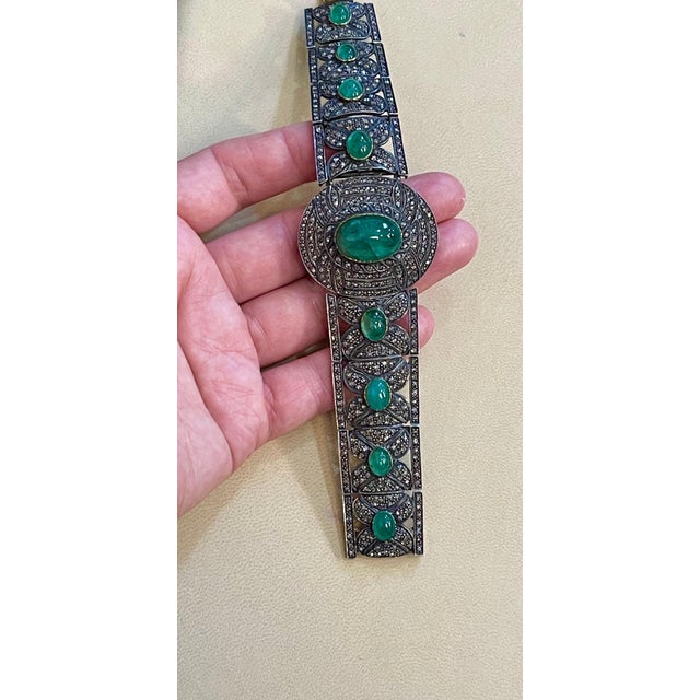 Bangle Bracelet Victorian Diamond Emerald Cabochon 14K Gold, Silver, Yellow Gold For Sale - Image 4 of 18