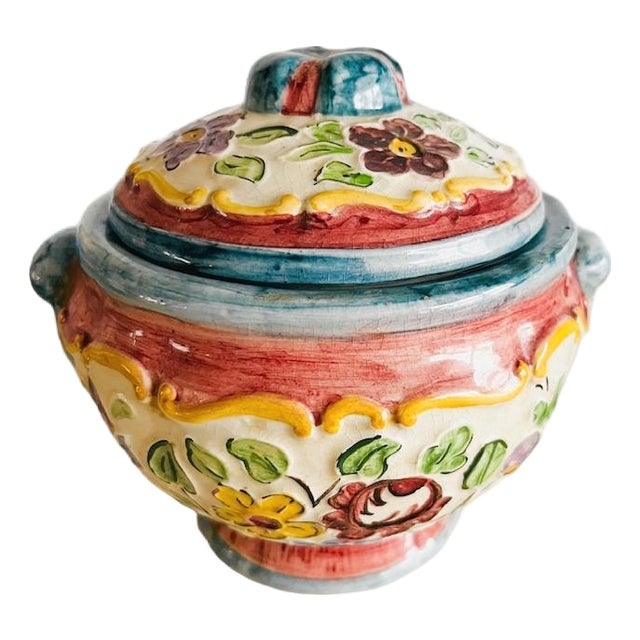 Mid-Century Hand-Painted Majolica Lidded Bonbonnière from Rigo, 1950s For Sale