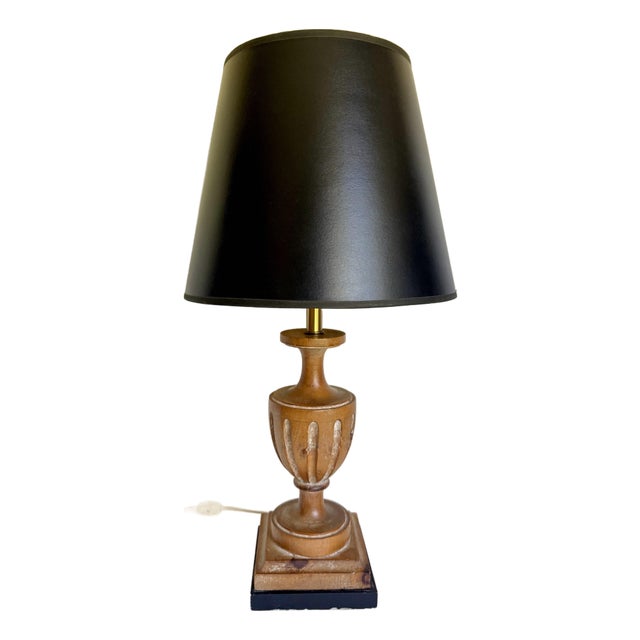 Vintage Neoclassical Whitewashed Carved Wood Urn Table Lamp With Black Shade For Sale