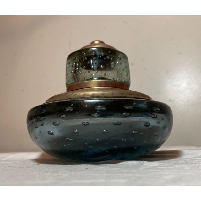 Large Vintage Handmade Hand Blown Control Bubble Glass Bronze Desk Inkwell Jar For Sale - Image 4 of 10