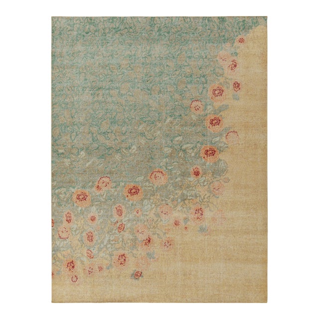 Rug & Kilim’s Rosey Rug in Gold and Aqua, 8x10 For Sale