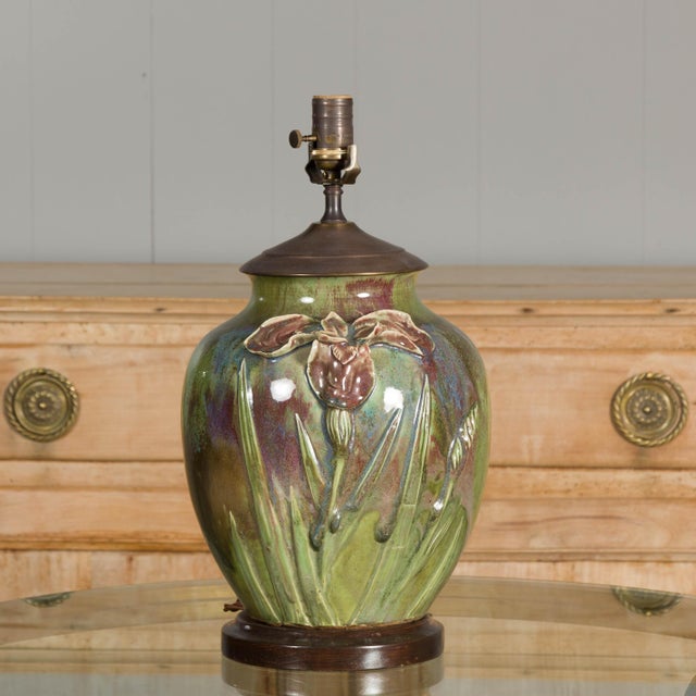 Ceramic 1920s Green Pottery Table Lamp with Raised Floral Motif on Wooden Base, Wired For Sale - Image 7 of 12