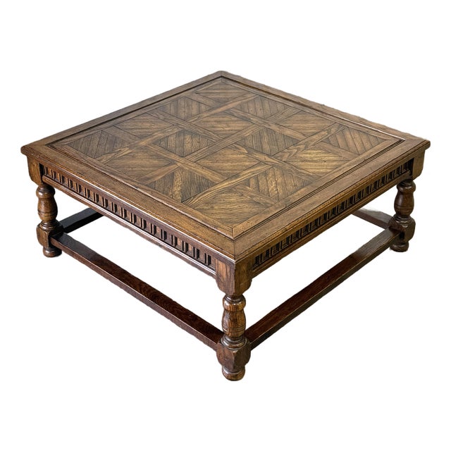 Late 20th Century Parquet Top Rustic Oak Jacobean Coffee Table For Sale
