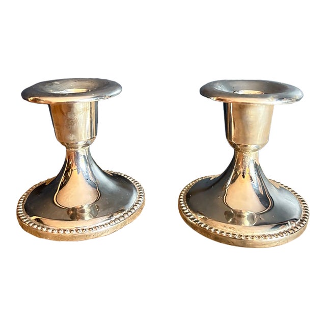 Vintage Silverplate Low Candlesticks With Beaded Rim - A Pair For Sale