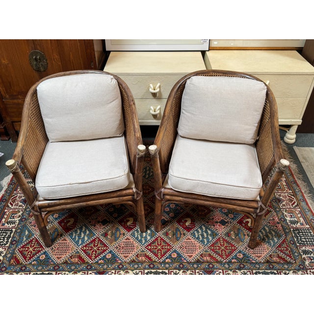Contemporary McGuire Furniture Vintage Barrel Rattan & Cane Lounge Armchairs, Pair For Sale - Image 3 of 14