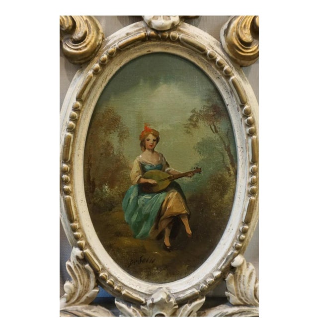 Louis XVI Style Enamel, Gilt Decorated and Signed Hand Painted Trumeau Mirror For Sale - Image 4 of 7
